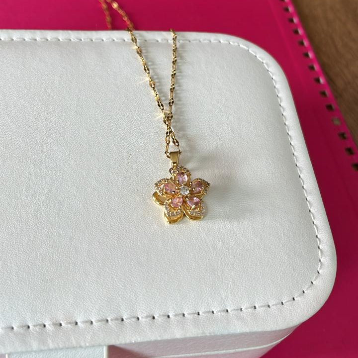 Pink Spinning Flower Necklace